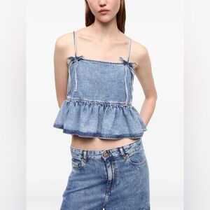 GANNI Logo Denim Strap Top Ruffle Hem Blue EU 36 Small